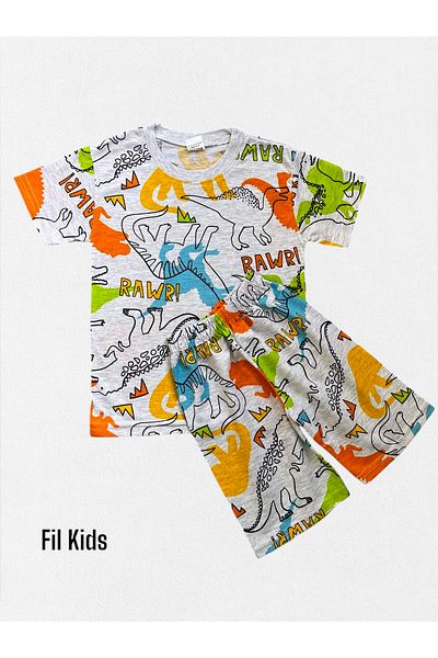 Fil Kids Chlapecká sada letních pyžama ze 100% bavlny v šedé barvě se vzorem dinosaurů s krátkým rukávem
