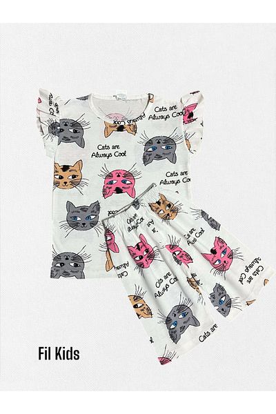 Fil Kids Girl's 100% Cotton White Colored Cats Patterned Short Sleeve Ruffled Shorts Summer Pajama Set