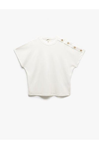 Koton Crew Neck Button Detailed Bat Sleeve T-Shirt