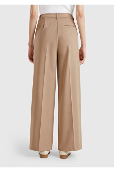 United Colors of Benetton Kadın Bej Streç Kumaşlı Yüksek Bel Wide Leg Pantolon