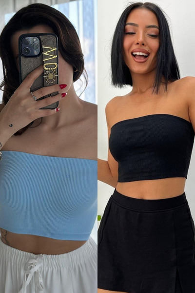 KaSheHa 2'li Paket Siyah Mavi Tam Esnek Mevsimlik Kumaş Straplez Büstiyer 25 Cm