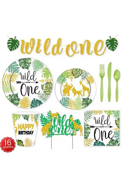 Generic 114-Piece Wild One Party Pack Tableware Cups Napkin Tissue Straws Plates Set 16 Guest