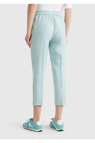 United Colors of Benetton Women's Aqua Green 100% Linen Elastic Waist Trousers