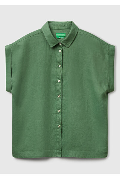 United Colors of Benetton Дамска светлозелена риза с къс ръкав от 100% лен с ...