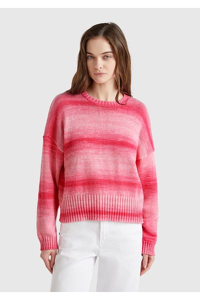 United Colors of Benetton Women's Pink Mix 100% Cotton Shadow Effect Rib Detailed Off-Shoulder Sweater