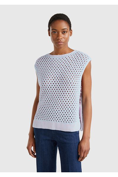 United Colors of Benetton Women's Light Blue Cotton Blend Contrast Buttoned Sides Relax Fit Sweater