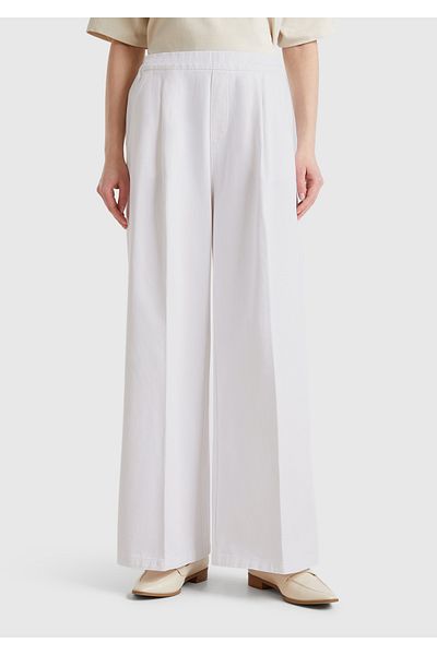 United Colors of Benetton Women's White 100% Cotton Palazzo Trousers with Elastic Back Waist