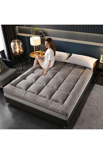 Comfy Cotton Hotel Quality 200 X 200 X 10 Cm Grey Stripe Fiber Filled Mattress Topper