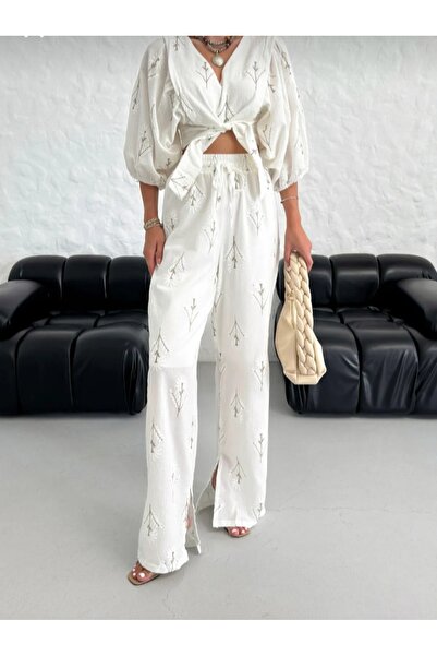 fujya Γυναικείο Σετ Λινό Κέντημα με Κόκκαλο