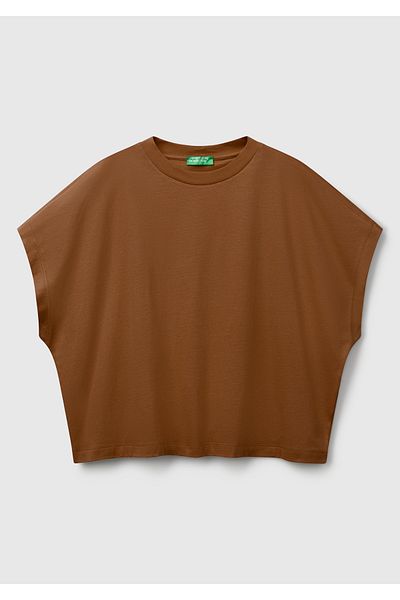 United Colors of Benetton تي شيرت نسائي بني 100% قطن بأكمام كيمونو ورقبة دائرية