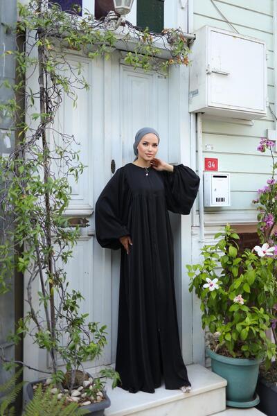 H HİJAB CENTER Siyah Balon Kollu Oversize Ferace 5031