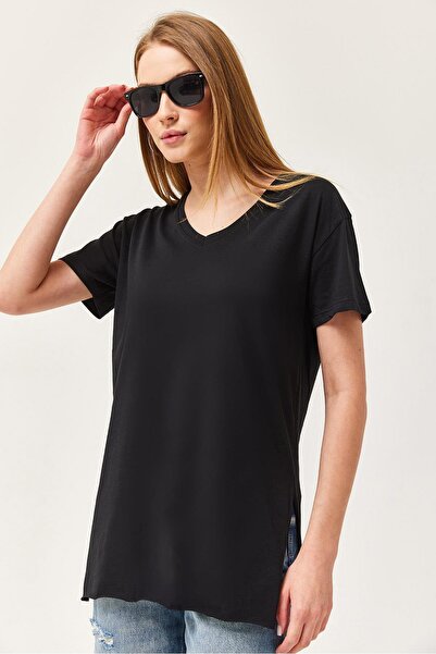 CALİENTE V-Neck Slit Women's T-Shirt 	 Black
