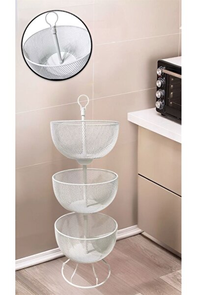 Bayev Viana Beyaz 3 Katlı Metal Dekoratif Sebzelik - Meyvelik Patates soğan rafı