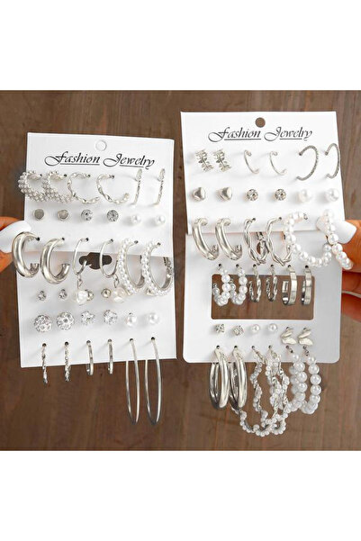 Choice مجموعة أقراط عصرية من AYA6 مكونة من 60 قطعة للنساء بتصميم هندسي من اللؤلؤ وحجر الراين باللون الفضي بتصميم بوهو عتيق