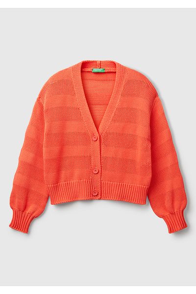 United Colors of Benetton Cardigan portocaliu pentru femei, 100% bumbac, cu efect de dungi, tricotat cu umăr liber
