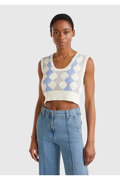 United Colors of Benetton Women's Cream Diamond Patterned Ribbed Crop Sweater with Rib Detail