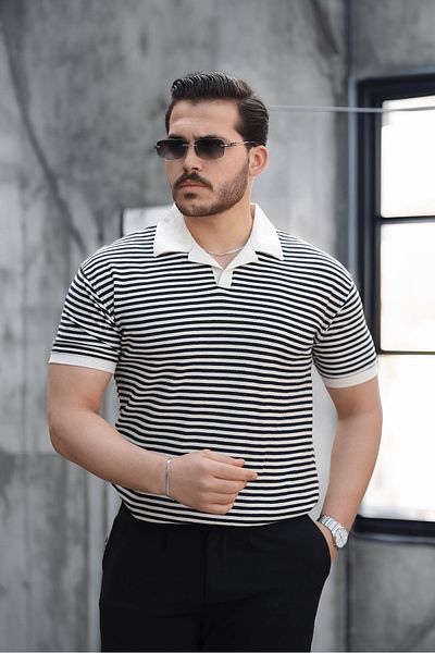 Valiberta Striped Knitted Patterned Polo Neck Men's T-Shirt - Black