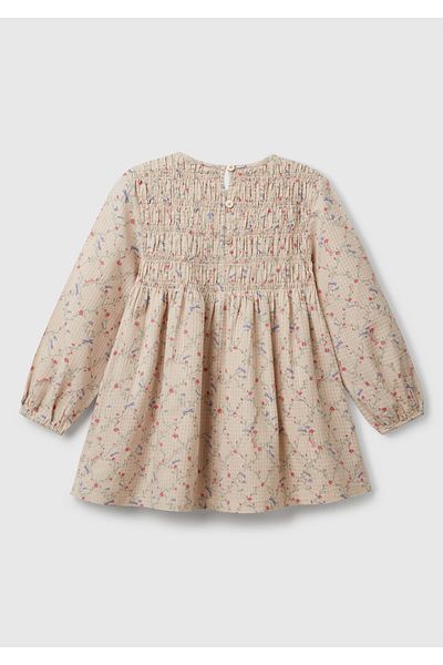 United Colors of Benetton Girl's Ecru Seersucker Fabric Floral Patterned Elastic Pleated Long Sleeve Dress