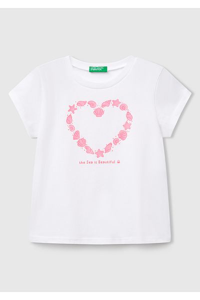 United Colors of Benetton تي شيرت بناتي أبيض بأكمام قصيرة وطبعة جرافيك