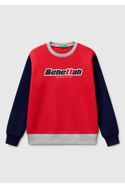United Colors of Benetton Boy's Red Mix Benetton Logo Printed Crew Neck Sweatshirt