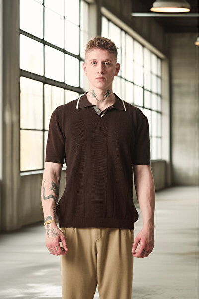 Valiberta Ανδρικό T-Shirt με λαιμόκοψη με ρίγες βισκόζης Polo Neck Knitwear - Καφέ