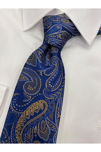 Cacharel Woven Fabric Patterned Navy Blue Yellow Tie