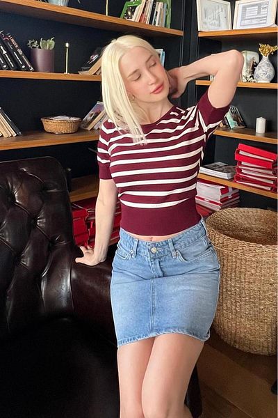 Madmext Claret Red Crew Neck Striped Women's T-Shirt Mg2400