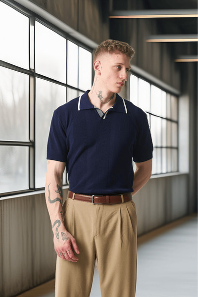 Valiberta Ανδρικό T-Shirt με ριγέ βισκόζη με γιακά πόλο - Navy Blue