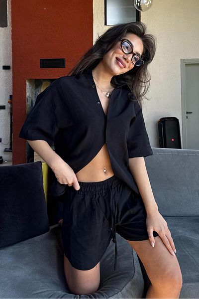 Madmext Black Basic Women's Shorts Shirt Suit Mg2361