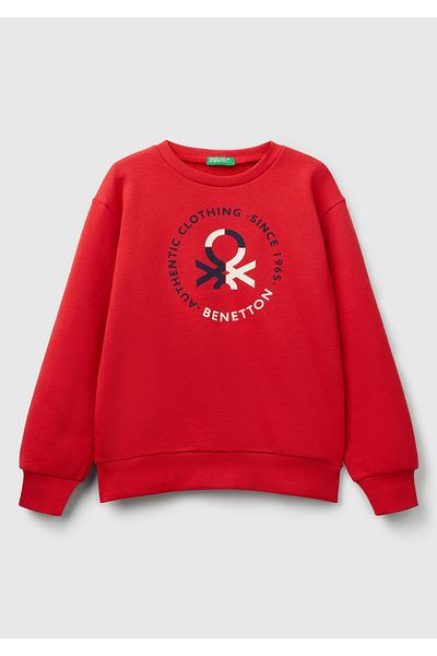 United Colors of Benetton Boy's Red Benetton Logo Printed Crew Neck Sweatshirt