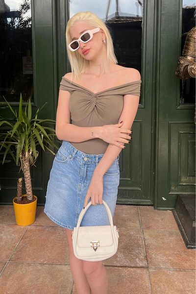 Madmext Khaki Madonna Collar Women's Blouse Mg2411