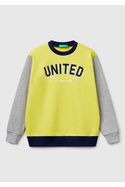 United Colors of Benetton Boy's Yellow Mix Benetton Logo Printed Crew Neck Sweatshirt