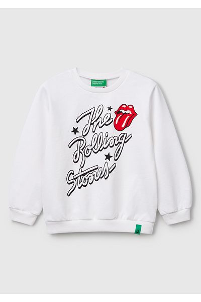 United Colors of Benetton Hanorac alb pentru fete, cu etichetă imprimată Rolling Stones, cu gât crew
