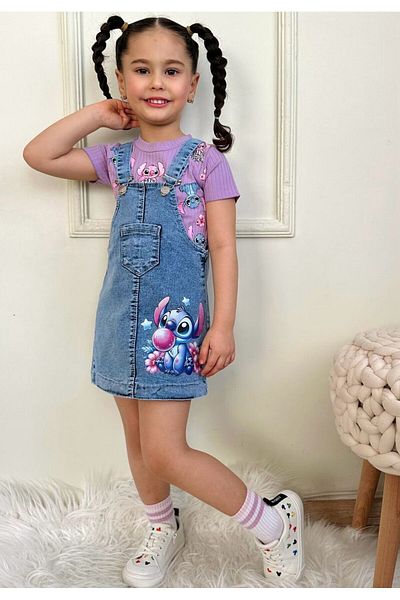 LİLLYPİCCA Tricou cu model cu nervuri pentru fete - Set salopetă din denim cu fustă
