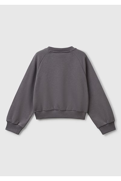 United Colors of Benetton Антрацитен оребрен суитшърт с кръгло деколте и камъни отпред, за момиче