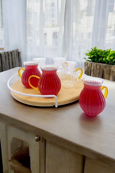 Kitchen Way Orange Handled Glass Arbitrary 175ml + 6L Line Patterned Borosilicate Glass Set