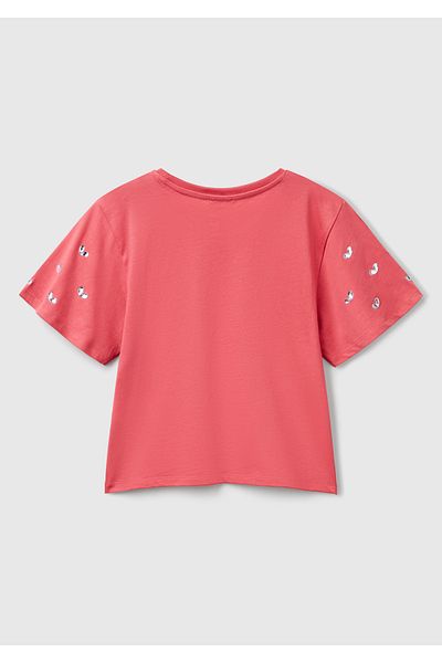 United Colors of Benetton Girl's Fuchsia Ribbed Collar T-Shirt with Stone Detail on Sleeves