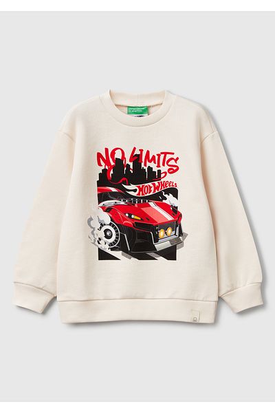 United Colors of Benetton Boy's Ecru Hot Wheels Printed Logo Label Crew Neck Sweatshirt