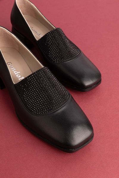 Gondol Genuine Leather Short Heeled Stone Detailed Heeled Shoes Vdt.142