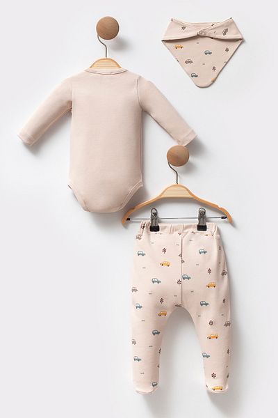 Cassiope Organic Cotton Car Patterned Body Booties Bottom 3-Piece Soft Textured Baby Boy Set