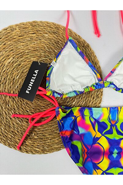 FUNELLA Stylish Women's Bikini Set with Tie-Dye Patterned Side and Neck Tie