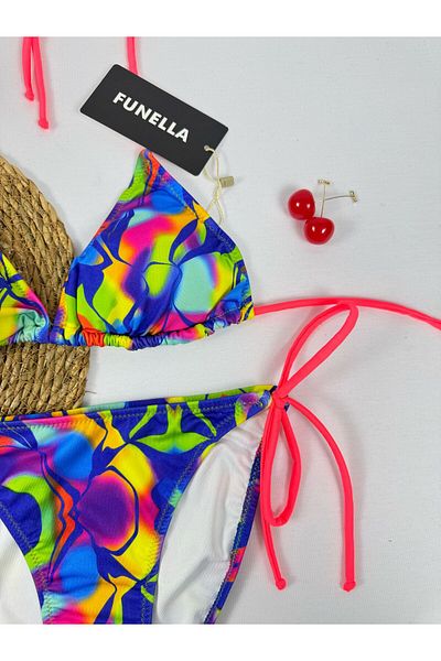 FUNELLA Stylish Women's Bikini Set with Tie-Dye Patterned Side and Neck Tie