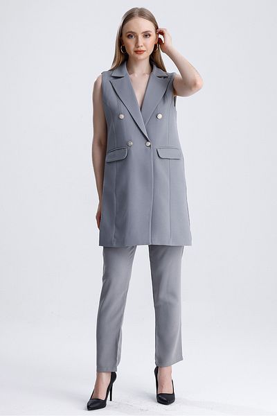 MD trend Women's Double Breasted Collar Oversize Vest and Trousers Double Classic Set