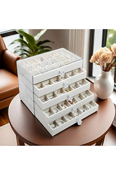 manoir store 5 katlı şeffaf akrilik kadife takı kutusu yüzük kolye küpe bileklik organizeri (18 li 5 çekmece )