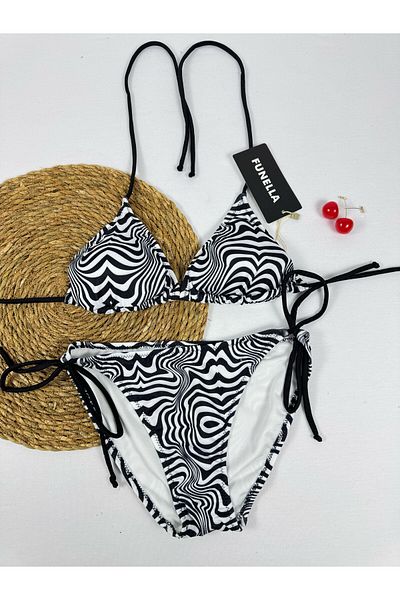 FUNELLA Black and White Zebra Patterned Stylish Women's Bikini Set with Tie on the Side and Neck