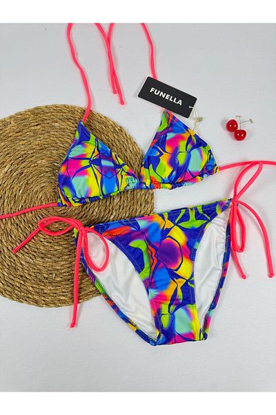 FUNELLA Stylish Women's Bikini Set with Tie-Dye Patterned Side and Neck Tie