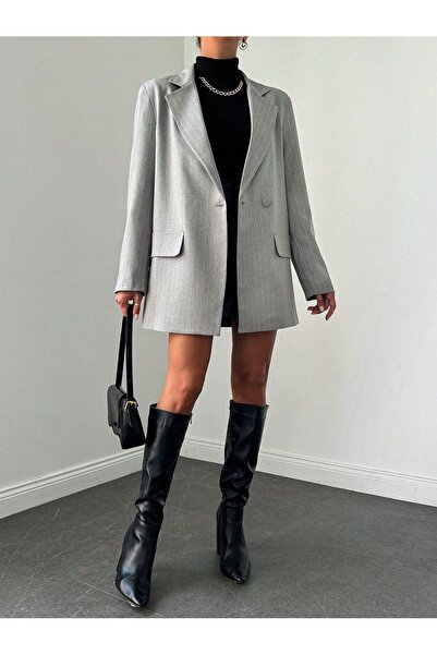SİZ Kadın Gri Çizgili Yırtmaçlı Kruvaze Oversize Uzun Ceket