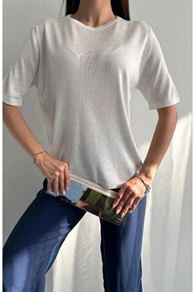 fujya Bluză de tricotaj cu gât roșu pentru femei, albă