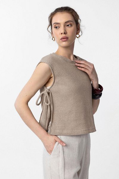 Antioch Beige Lace-Up Knitted Textured Women's Top