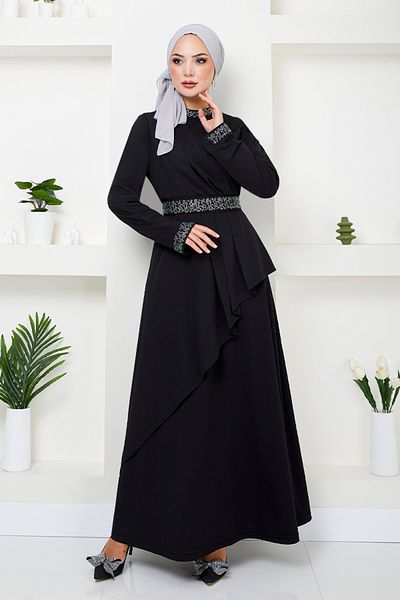 ModaMerve Φόρεμα Hijab - Ζώνη με στρας, Μαύρο 268DVL897-M